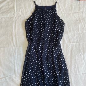 dark navy polka dot scallop high-neck shift dress
